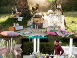 a colorful wedding picnic with bright blankets, pillows, colorful paper lamps, sweets on the tables and bright napkins