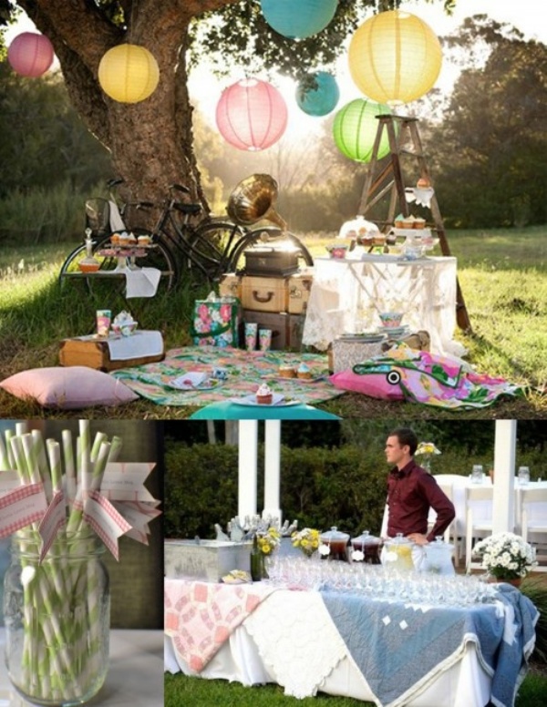 A colorful wedding picnic with bright blankets, pillows, colorful paper lamps, sweets on the tables and bright napkins