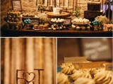 a rustic vintage dessert display with wood slices and wood stands, vintage suitcases and some floral arrangements is a very cool idea