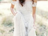 a lace off the shoulder wedding dress brings a boho feel and a touch of chic