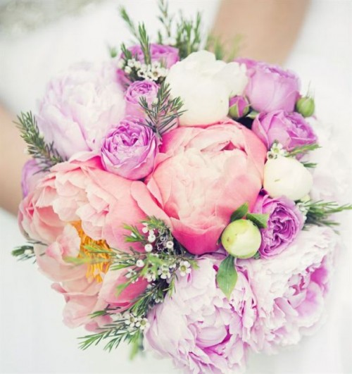 hot pink, peachy and white peonies, billy balls and some greenery make this wedding bouquet cheerful and bright