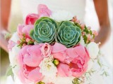 a bright wedding bouquet with white and pink peonies, succulents and berries is a bright and cool idea for a wedding