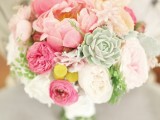 a bright wedding bouquet with pink and blush peonies, hot pink ranunculus, succulents and billy balls is a lovely idea for a summer bride