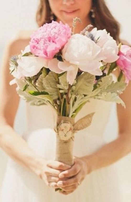 a white and pink peony wedding bouquet with thistles and lavender is a stylish and cool idea for a spring or summer wedding