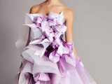 a strapless purple and white ruffled wedding dress like this one will make a bold statement at the wedding