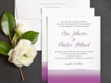 bold watercolor white and purple wedding invitations will be a nice solution for your bright wedding