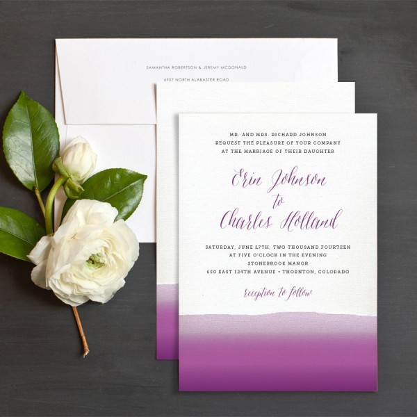 Bold watercolor white and purple wedding invitations will be a nice solution for your bright wedding