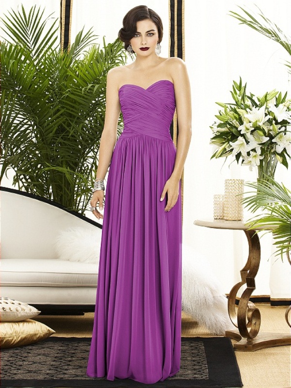 A strapless draped maxi bridesmaid dress will be a nice idea to stick to your color scheme