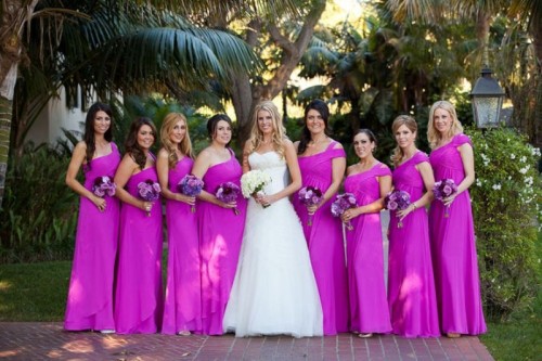 one shoulder maxi radiant orchid bridesmaid dresses are a bold solution for a modern colorful wedding