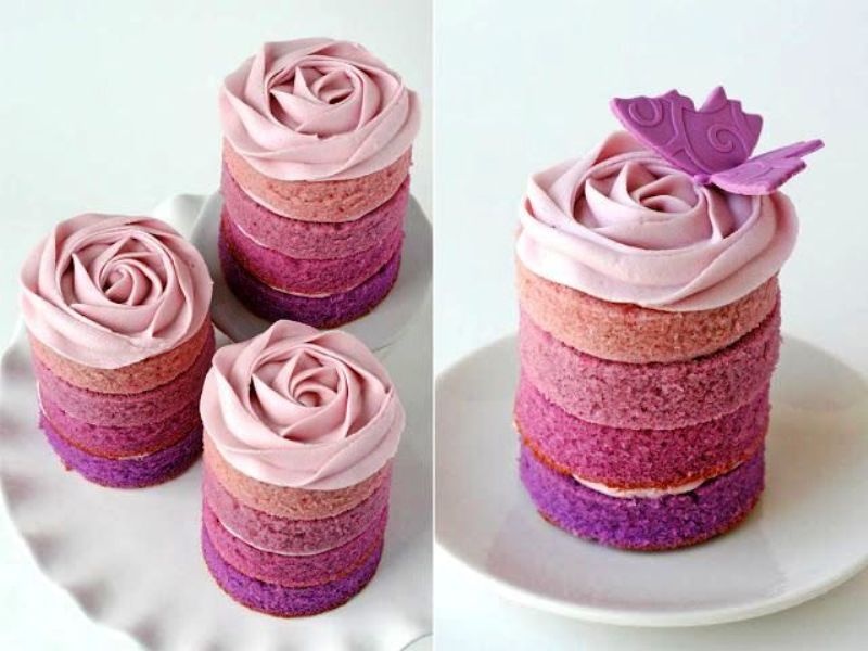 ombre radiant orchid wedding mini cakes topped with blush roses and butterflies are a very creative wedding idea for a radiant orchid color scheme
