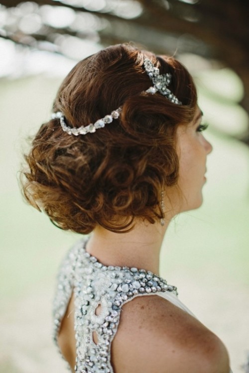 vintage curls highlighted with rhinestone hairpieces for a 20s and 30s inspired look