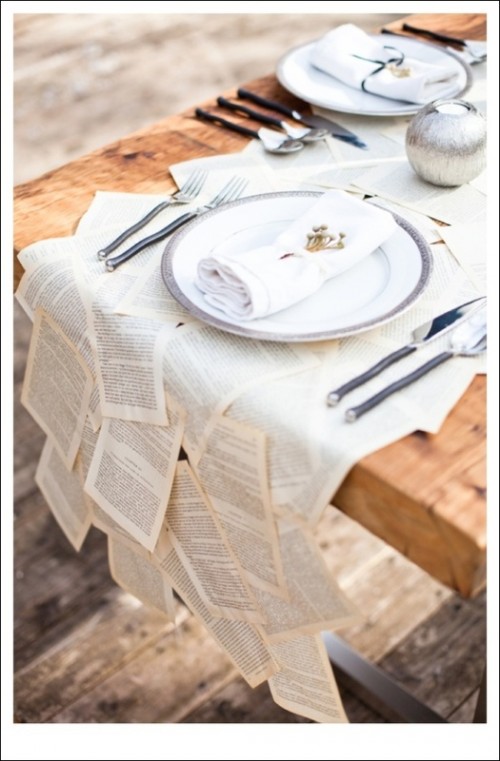 vintage book pages will be a nice and cool table runner with a modern feel