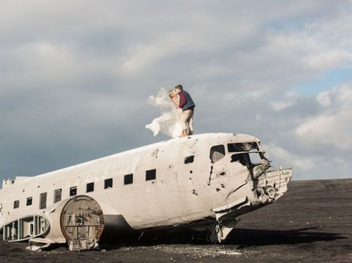 this crushed plane in Iceland is a popular piece for wedding photo shoots and can be used for weddings, too