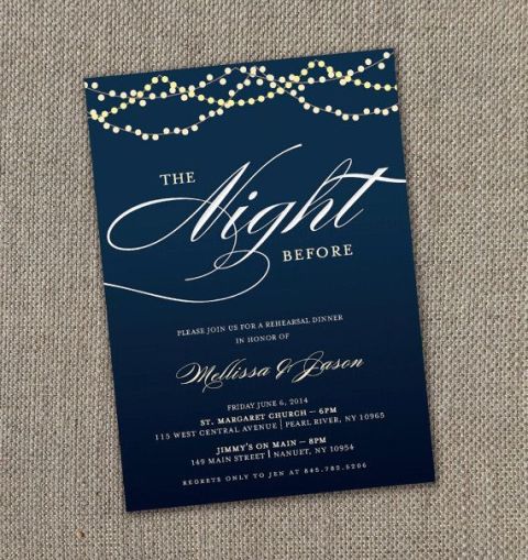 a navy rehearsal dinner invitation with white and gold letters and detailing is a lovely and elegant idea to enjoy