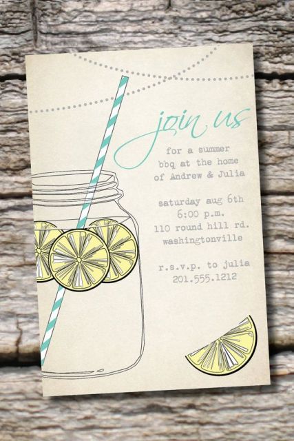 a bright and fun rehearsal dinner invitation with simple printing and colorful drinks and letters for a summer rehearsal