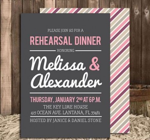 a cheerful rehearsal dinner invitation in black, white and pink and a colorful striped envelope is a fun and bold idea