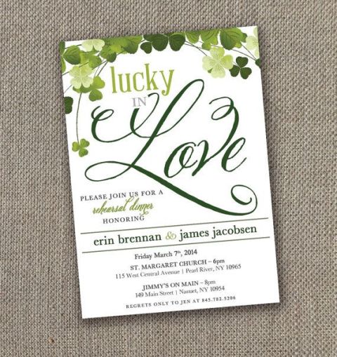 a stylish botanical rehearsal dinner invitation in white and bright green and hunter green with quirky printing for a St.Patrick's Day rehearsal