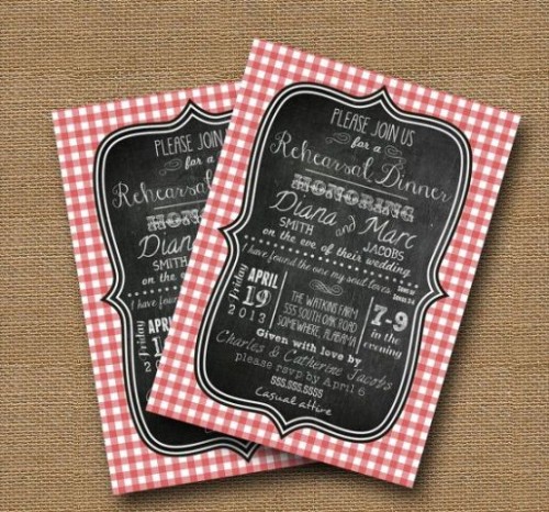 a rustic rehearsal dinner invitation in chalkboard style and with plaid edges is a nice and cute idea to go for