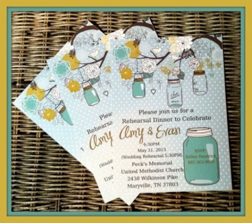 pastel rehearsal dinner invitations in light blue and polka dot, with jars, blooms and birdies for a sweet spring rehearsal
