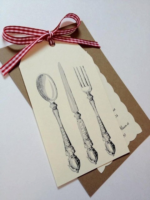 a rustic vintage rehearsal dinner invitation with cardboard, vintage cutlery printed and a cute invitation plus a plaid ribbon