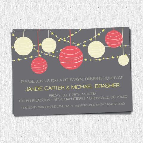 a fun grey and colorful lights and ornaments invitation is ideal for a NYE or Christmas rehearsal