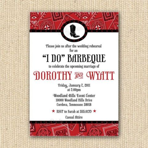 a rustic or cowboy rehearsal dinner invitation in white, black and red, with prints for a BBQ rehearsal dinner