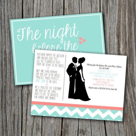 a colorful rehearsal dinner invitation in aqua, white and red, with fun printing and cool images is a bold and fun idea