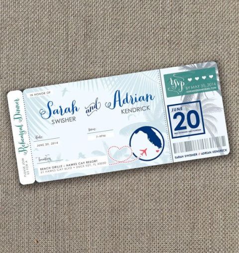 a rehearsal dinner invitation styled as an airplane ticket for a destination rehearsal dinner