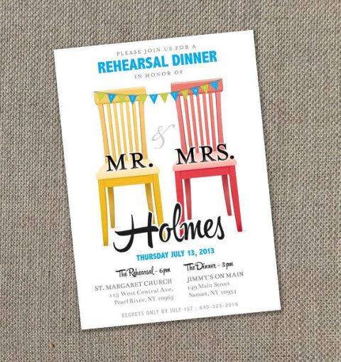 a bright and fun rehearsal dinner invitation in red, yellow, blue and with colorful chairs and banners and chic printing