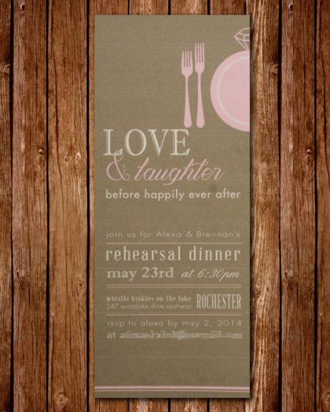 an olive green rehearsal dinner invitation with light pink decor and letters is pretty and cool