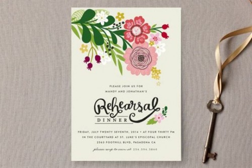 a bright floral rehearsal dinner invitation with quirky letters is a cool option for summer