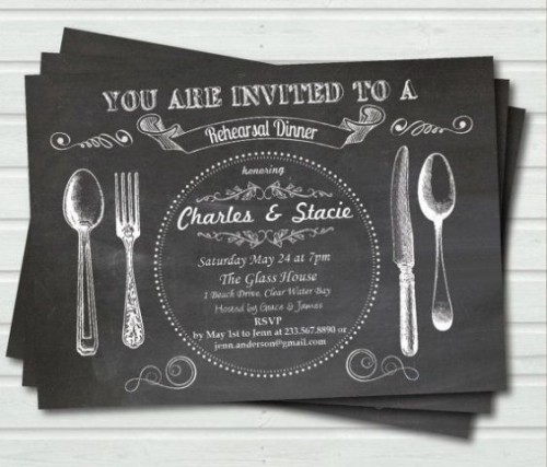 a cool chalkboard style rehearsal invitation with white letters and images is a simple and relaxed idea