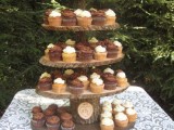 a cozy rustic wedding dessert stand of wood slices and a branch can be DIYed for a woodland or rustic wedding