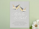 a grey wedding invitation with origami crane prints is a great idea for a modern wedding, for those who love DIYs of paper and not only