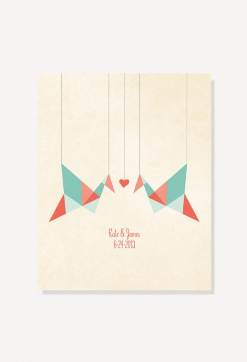 a neutral wedding invitation with colorful crane prints is a lovely and cute idea for a modern wedding, it can add color and print