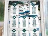 a mountain wedding seating chart done with a scheme of the wedding location and in the wedding colors