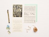 a stylish wedding invitation suite for a woodland wedding done in mint, grey and with woodland prints