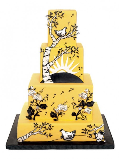 a whimsical mustard square wedding cake with painted trees, blooms and chickens is a unique idea