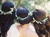 bridesmaids’ crowns of olive foliage are a cool and natural idea for a every wedding