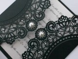 a super elegant black lace invitation with pearls is a cool idea for a bold statement at the wedding, it’s pure lux