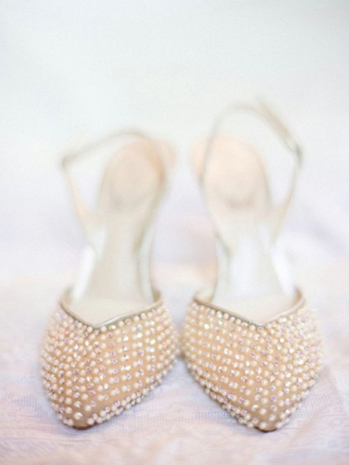 refined nude wedding shoes fully clad with pearls and beads look chic, stylish and glam