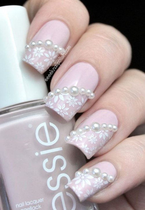 pink floral manicure with pearls is a statement glam idea to rock at a wedding