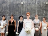 aboslutely mismatched black and grey bridesmaid dresses done with elegance and chic for an art deco wedding