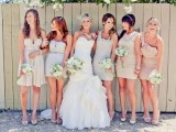 short mismatched blush and neutral bridesmaid dresses are nice for a spring or summer wedding