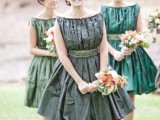 draped short grey and green bridesmaid dresses with full skirts are chic and bold