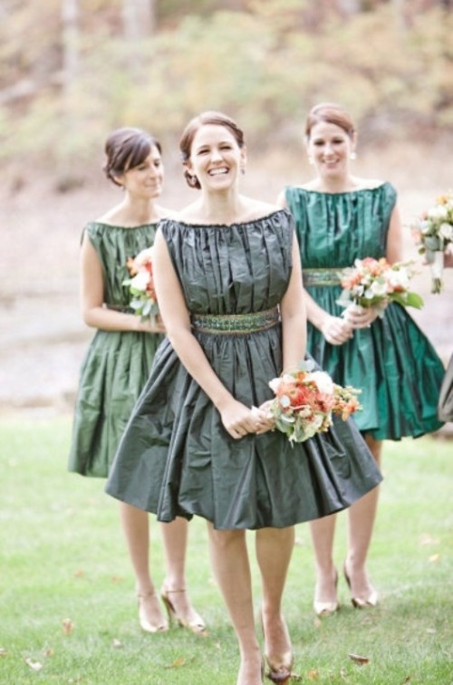 draped short grey and green bridesmaid dresses with full skirts are chic and bold
