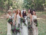 mismatched neutral and floral maxi bridesmaid dresses for a summer or fall wedding