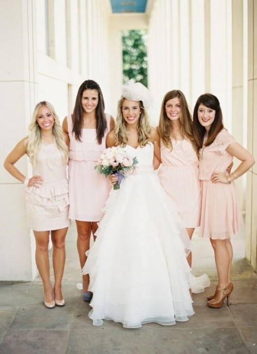 mismatched light pink bridesmaid dresses of knee length are great and stylish for spring and summer weddings