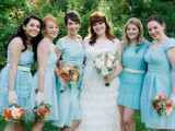 mismatched short light blue bridesmaid dresses with sashes are cool and chic for a spring or summer wedding