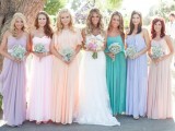 strapless, spaghetti strap and high neckline mismatching pastel bridesmaid maxi dresses are very romantic and cool